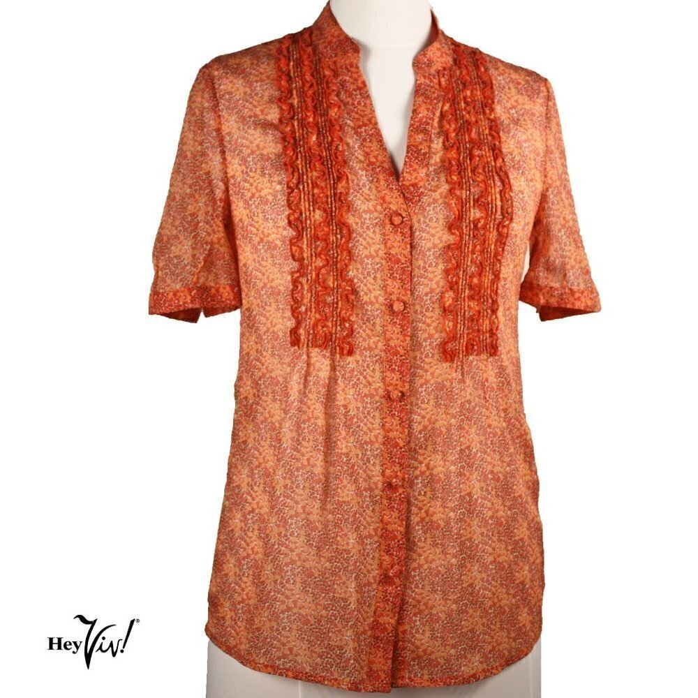 Banana Republic Ruffle Button Up Sheer Blouse Shirt Pink Floral Size XS -Hey Viv